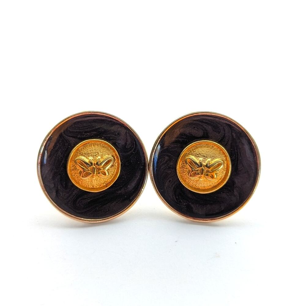 Vintage Weekenders Gold Tone Swirled Gray Black Enamel Post Butterfly Earrings